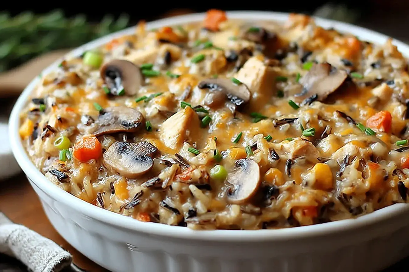 Creamy Chicken Wild Rice Casserole topped with mushrooms, carrots, and melted cheese in a white baking dish.