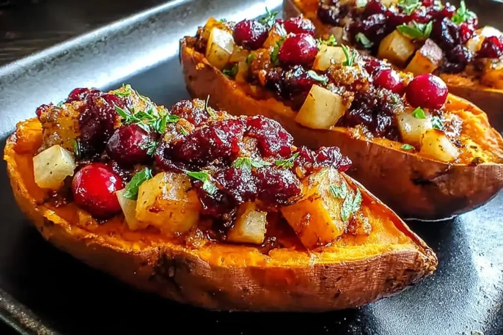 Cranberry Apple Twice Baked Sweet Potatoes filled with diced apples, whole cranberries, and fresh herbs on a black serving plate.