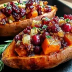 Cranberry Apple Twice Baked Sweet Potatoes topped with warm spiced apple, cranberry, and herb filling served on a black tray.