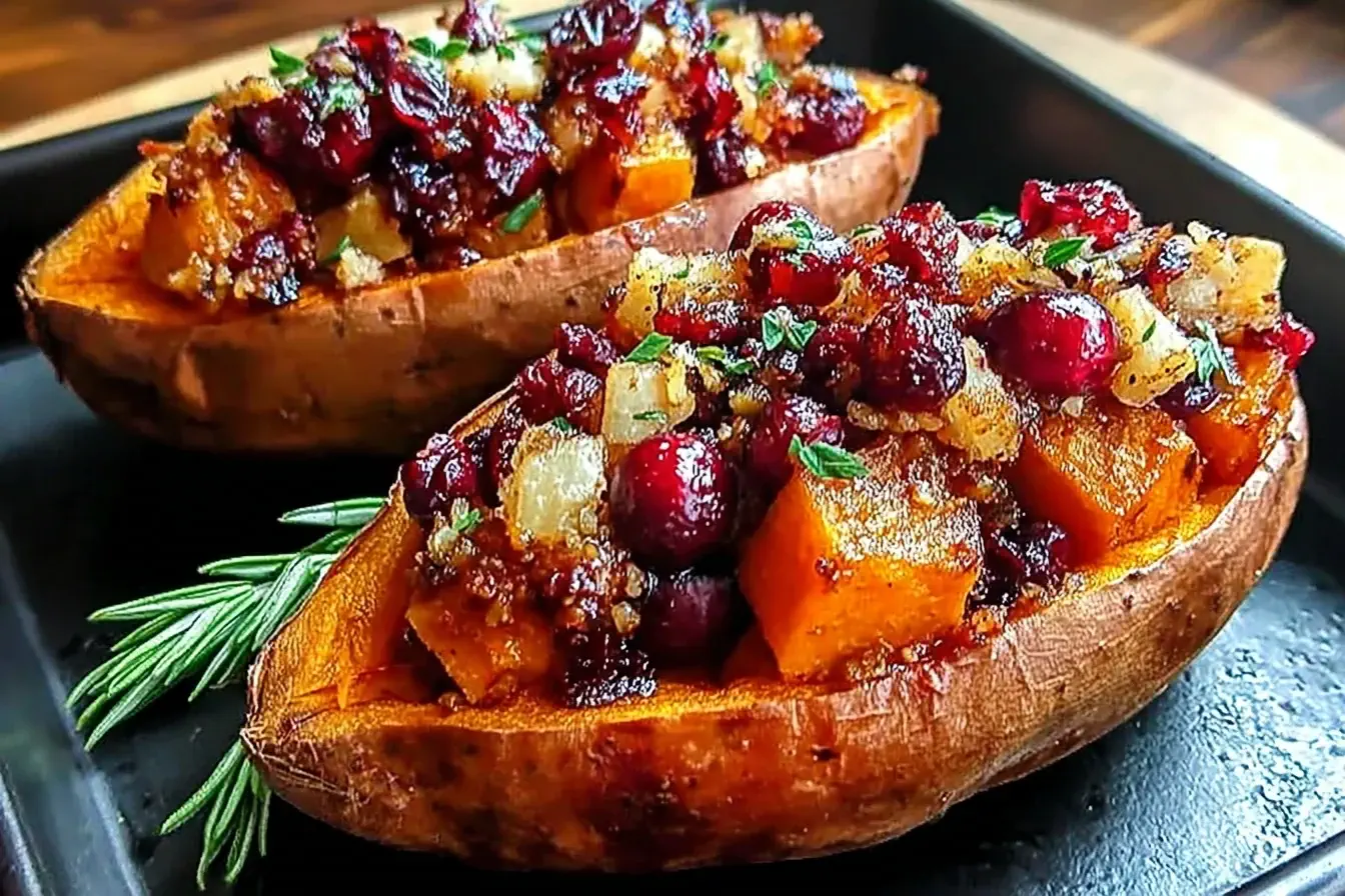 Cranberry Apple Twice Baked Sweet Potatoes topped with warm spiced apple, cranberry, and herb filling served on a black tray.