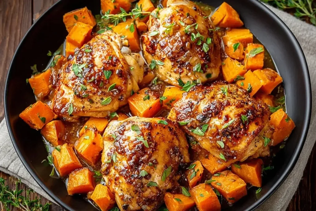 Golden maple glazed chicken with sweet potatoes baked in a skillet, topped with herbs and a glossy maple sauce for a cozy family dinner.