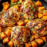 Golden maple glazed chicken with sweet potatoes baked in a skillet, topped with herbs and a glossy maple sauce for a cozy family dinner.