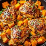 Delicious maple glazed chicken with sweet potatoes baked in a skillet, coated in a golden maple glaze and garnished with fresh herbs.
