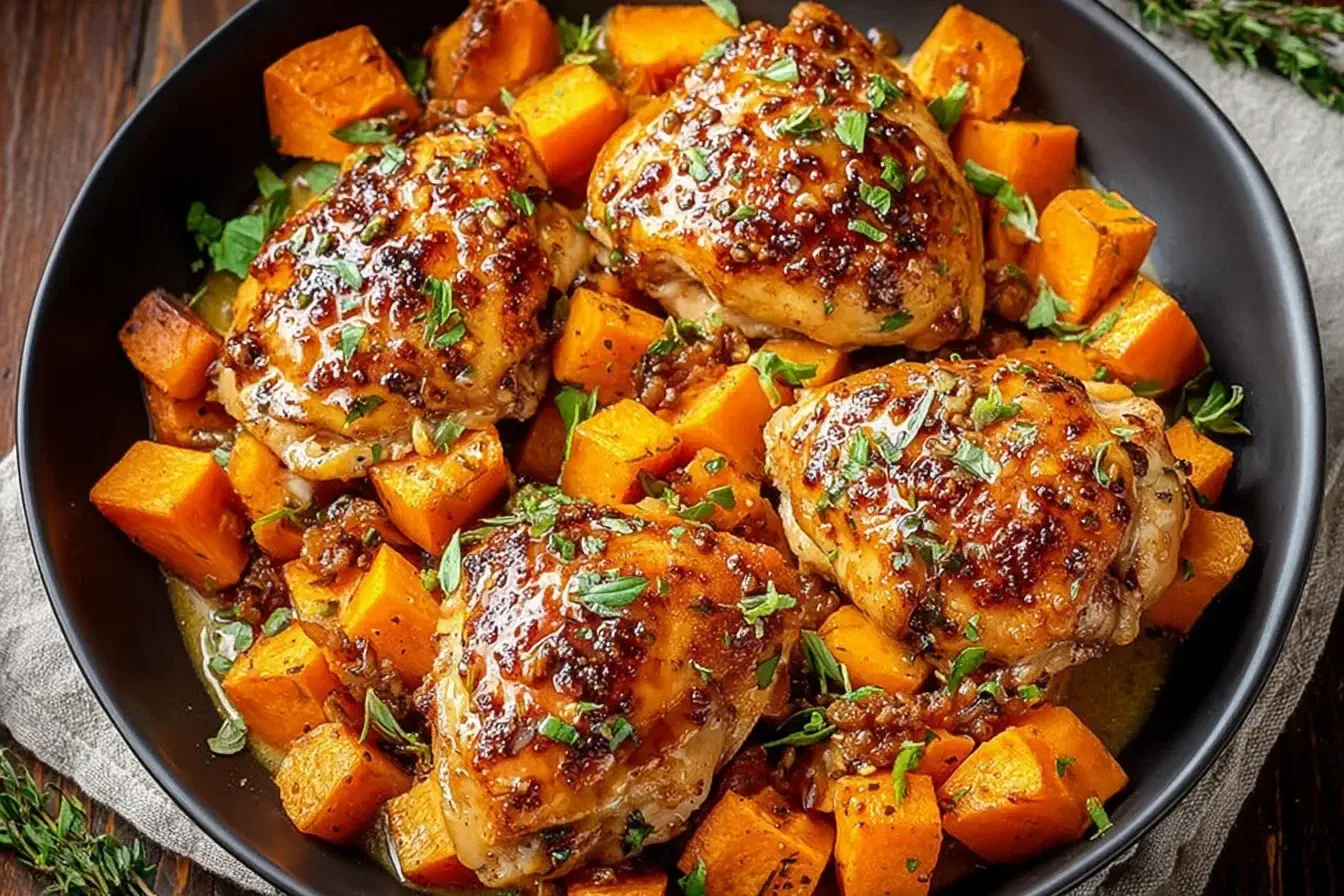Delicious maple glazed chicken with sweet potatoes baked in a skillet, coated in a golden maple glaze and garnished with fresh herbs.