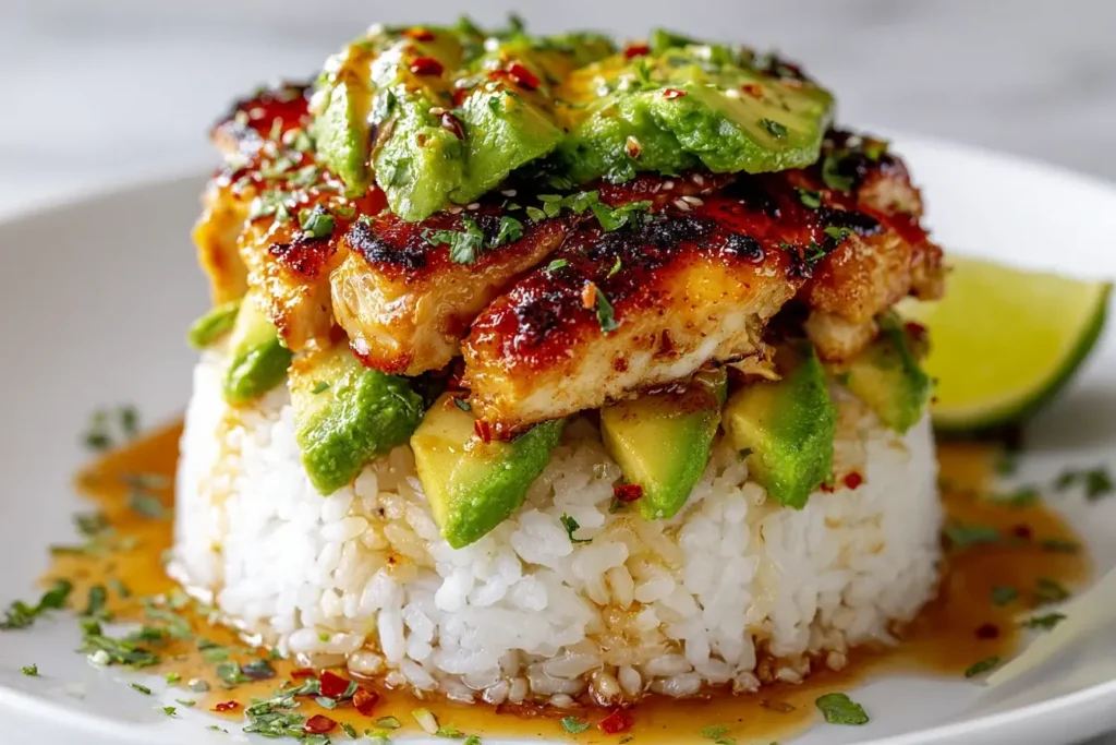 Juicy Honey Lime Chicken and Avocado Rice Stack topped with tender glazed chicken, creamy avocado chunks, and tangy honey-lime sauce over fluffy white rice.