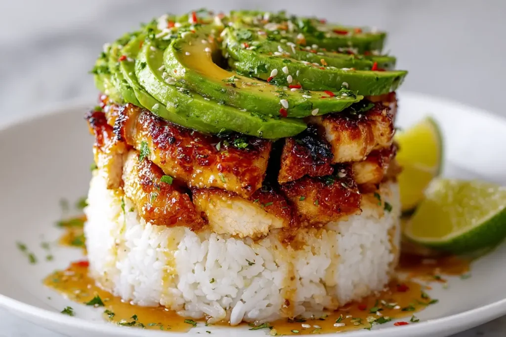 Close-up of a beautifully layered Honey Lime Chicken and Avocado Rice Stack with juicy glazed chicken, creamy avocado slices, and fluffy white rice drizzled with honey-lime sauce.