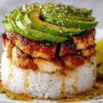 Close-up of a beautifully layered Honey Lime Chicken and Avocado Rice Stack with juicy glazed chicken, creamy avocado slices, and fluffy white rice drizzled with honey-lime sauce.