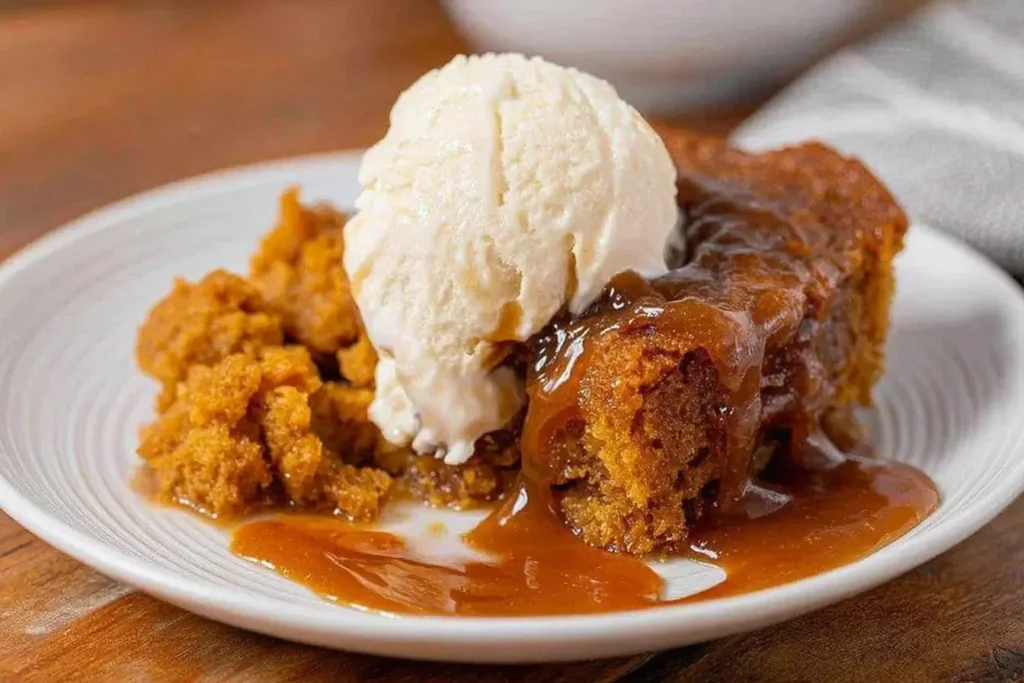 Slow Cooker Pumpkin Pie Pudding served warm with caramel sauce and vanilla ice cream on top
