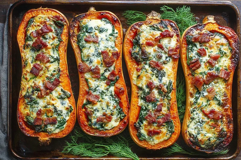 Stuffed Butternut Squash with Spinach, Bacon, and Cheese baked on a sheet pan, golden and bubbly with crispy bacon and creamy spinach filling.