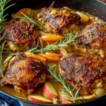 Rosemary Apple Cider Chicken with caramelized apples, onions, and herbs in a cast-iron skillet