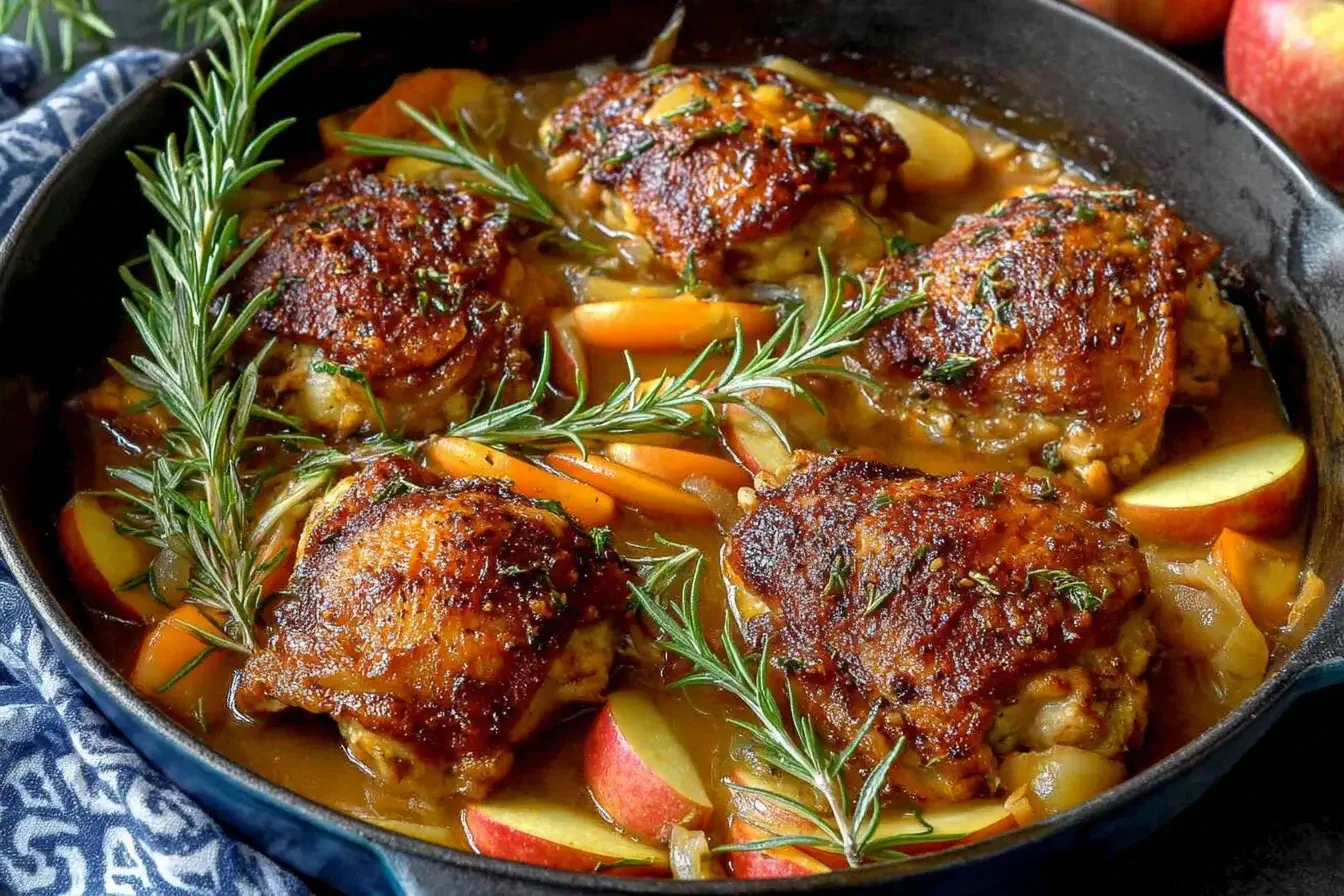 Rosemary Apple Cider Chicken with caramelized apples, onions, and herbs in a cast-iron skillet