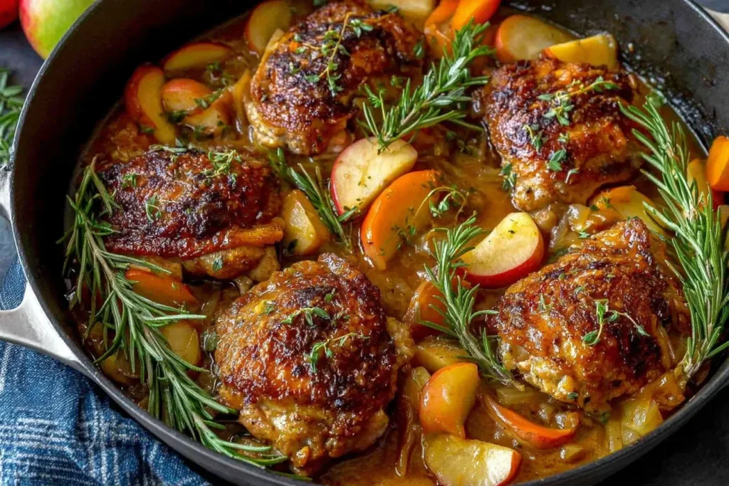 Rosemary Apple Cider Chicken with apples, rosemary sprigs, and caramelized onions in a skillet