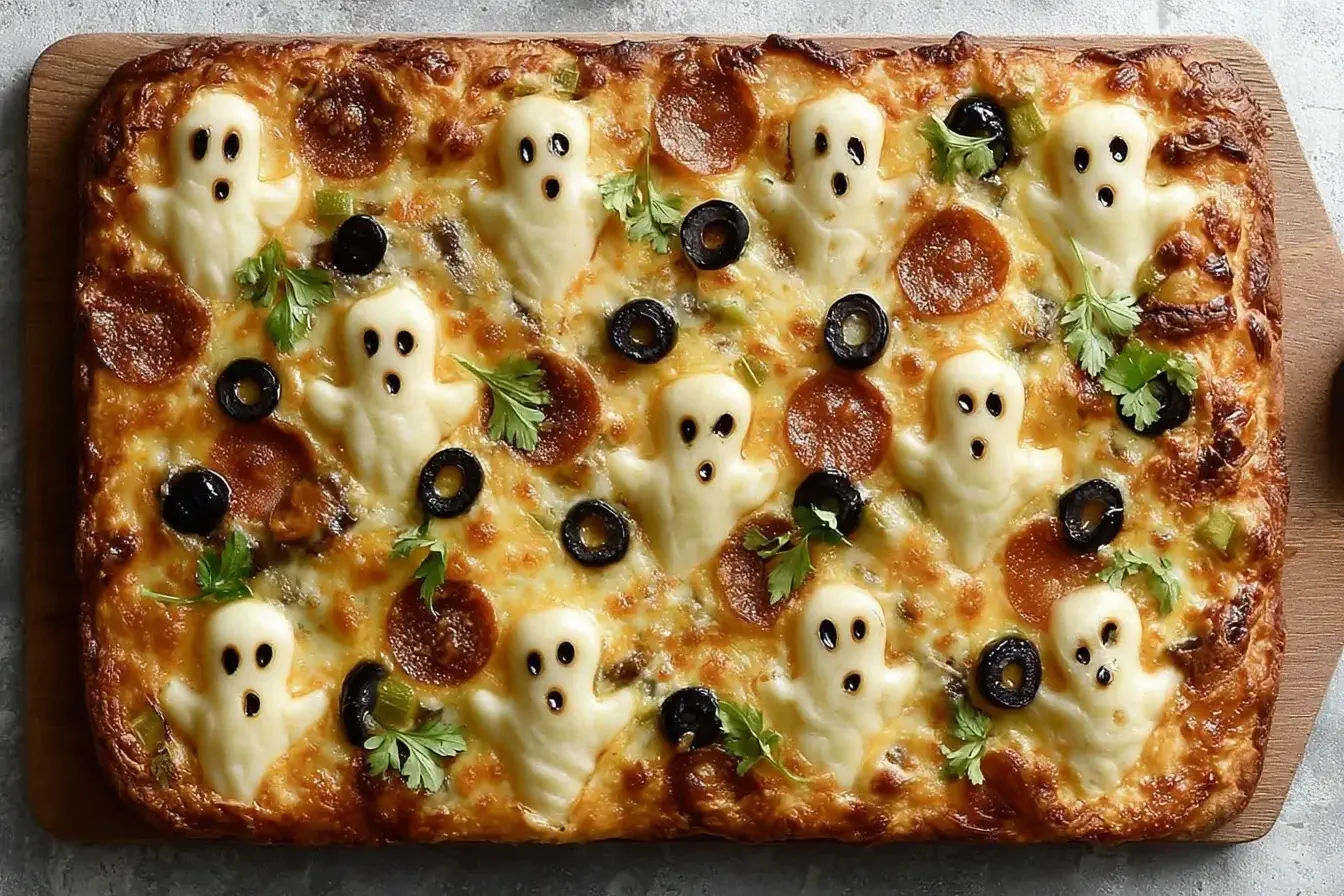 Cemetery Flatbread Pizza topped with ghost-shaped mozzarella cheese, black olive gravestones, and parsley garnish on a golden crispy crust.
