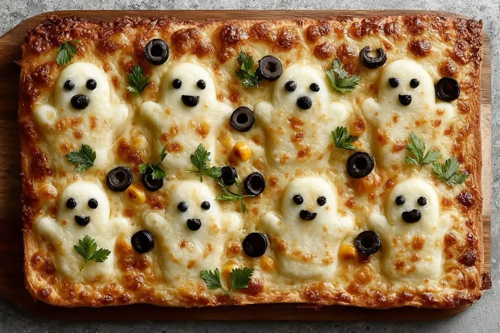 Cemetery Flatbread Pizza with melted mozzarella ghosts, black olive eyes, and parsley garnish on a crispy golden crust for a spooky Halloween dinner.