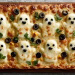 Cemetery Flatbread Pizza with melted mozzarella ghosts, black olive eyes, and parsley garnish on a crispy golden crust for a spooky Halloween dinner.