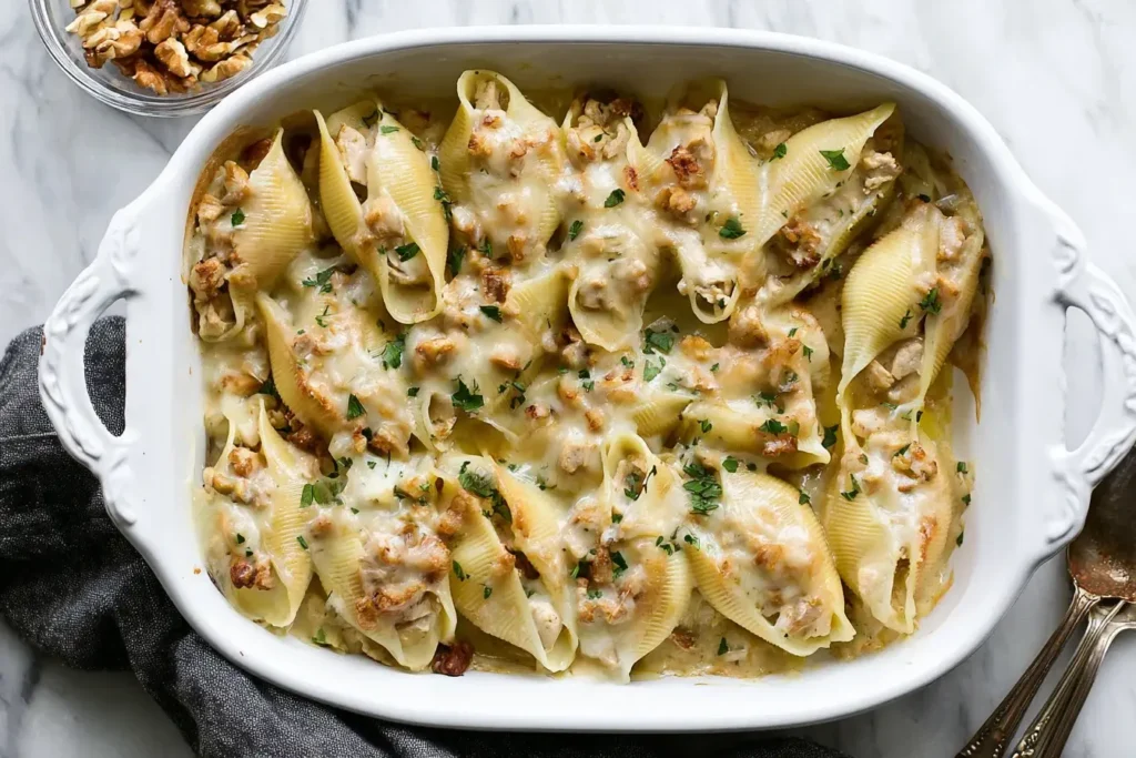 Thanksgiving Turkey Stuffed Shells baked in a white casserole dish topped with melted cheese, gravy, and parsley for a cozy leftover meal.