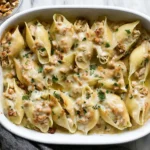 Thanksgiving Turkey Stuffed Shells baked in a white casserole dish topped with melted cheese, gravy, and parsley for a cozy leftover meal.