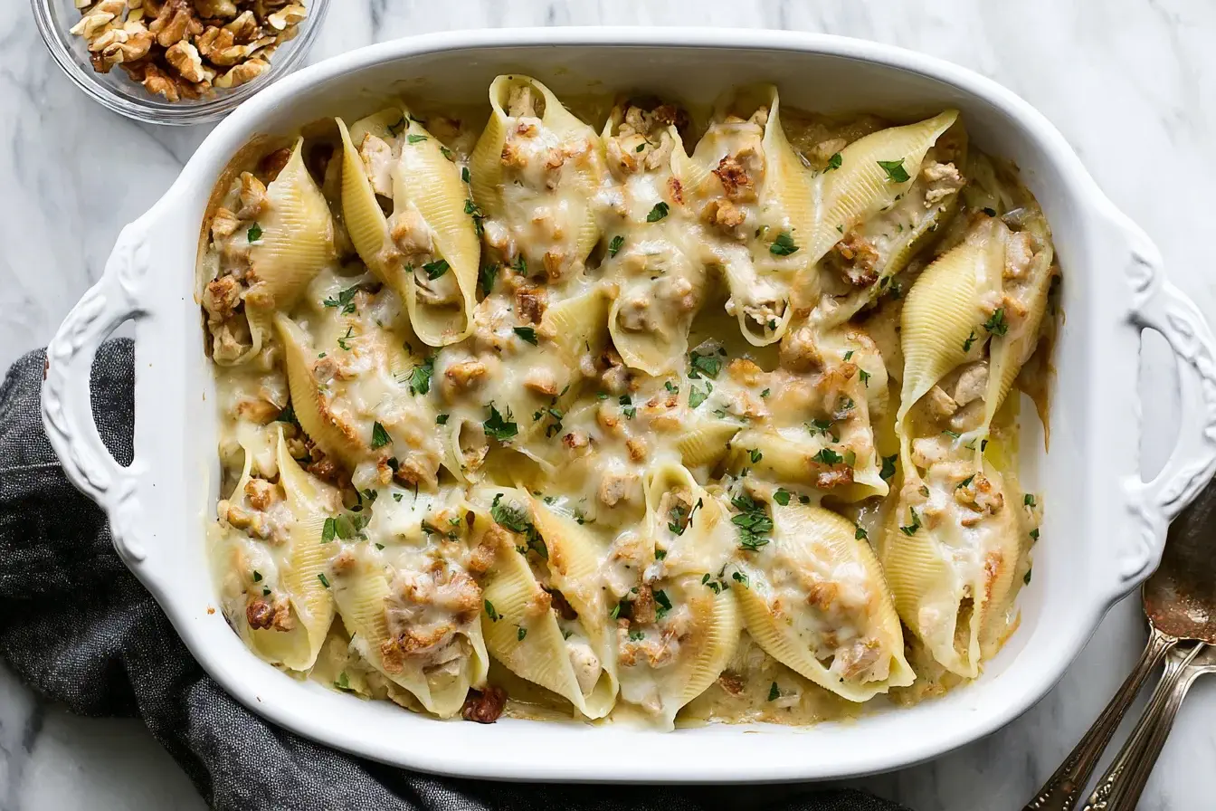 Thanksgiving Turkey Stuffed Shells baked in a white casserole dish topped with melted cheese, gravy, and parsley for a cozy leftover meal.