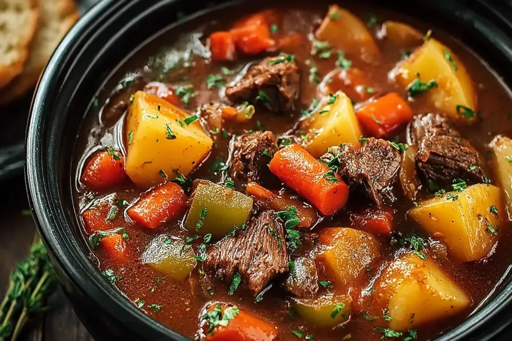 Close-up of Crock Pot Beef Stew with tender beef, potatoes, and carrots in a savory broth