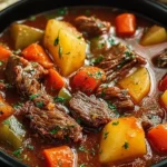 Hearty Crock Pot Beef Stew with tender beef, carrots, and potatoes in rich broth