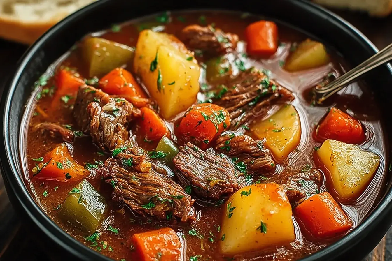 Hearty Crock Pot Beef Stew with tender beef, carrots, and potatoes in rich broth
