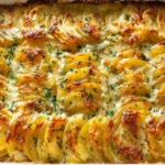 Golden baked cheesy scalloped potatoes with melted cheese and parsley on top in a white casserole dish.