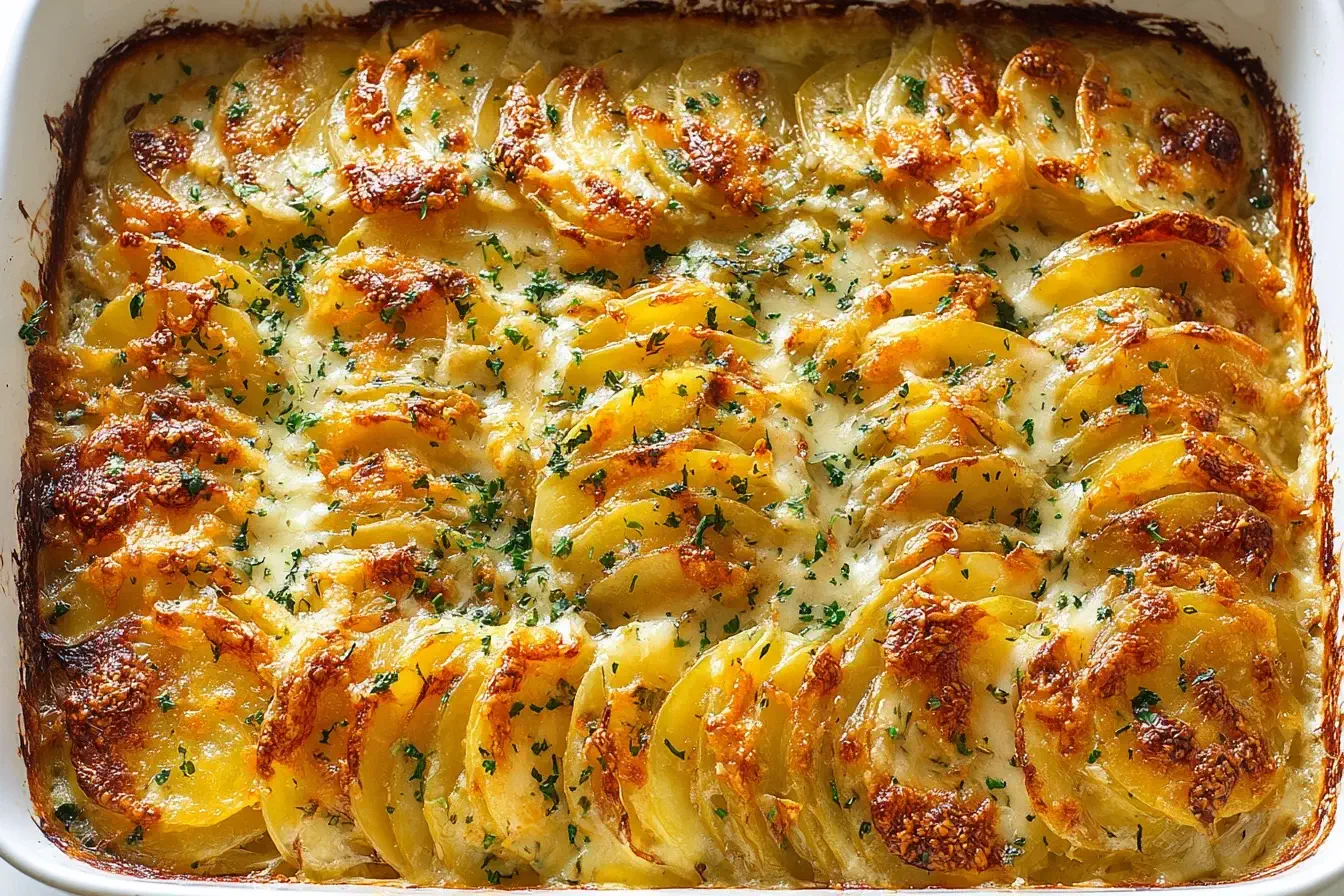 Golden baked cheesy scalloped potatoes with melted cheese and parsley on top in a white casserole dish.