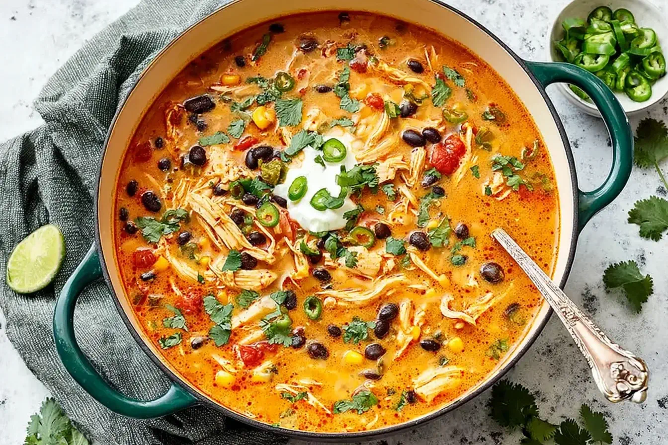 Creamy Chicken Enchilada Soup with shredded chicken, black beans, corn, and cilantro in a Dutch oven