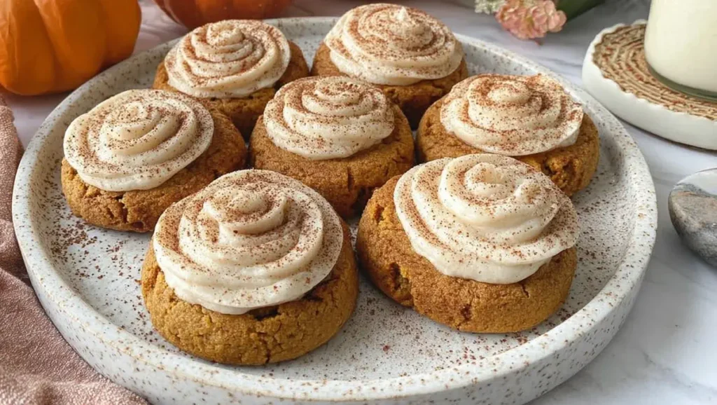 Soft pumpkin cookies with cinnamon frosting served on a speckled ceramic plate, topped with creamy swirls and a sprinkle of spice, perfect for fall.