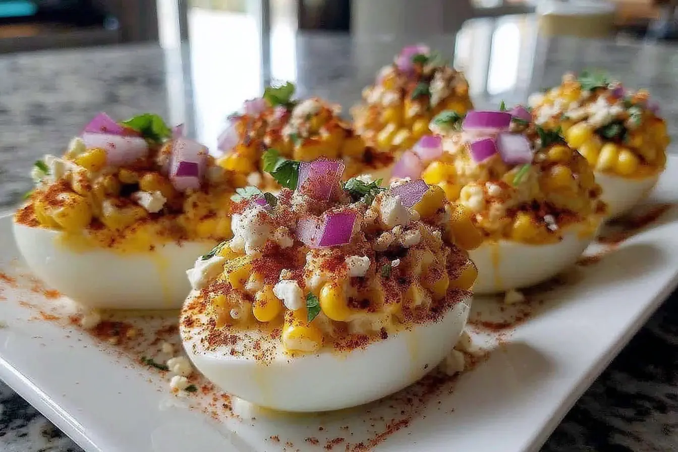 Elote Deviled Eggs topped with cotija cheese, chili powder, cilantro, and red onion for a flavorful Mexican-inspired appetizer.