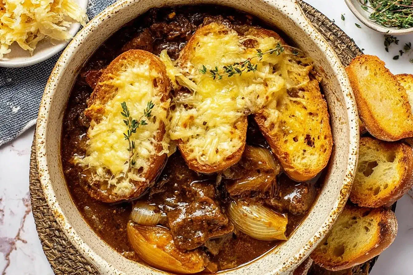 Bowl of French Onion Beef Stew topped with golden baguette slices, melted Gruyere cheese, and fresh thyme on a rustic table setting.