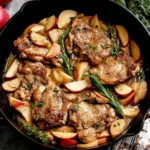 Skillet of Apple Cider Chicken with caramelized apples, herbs, and tender chicken thighs in a rich cider sauce.
