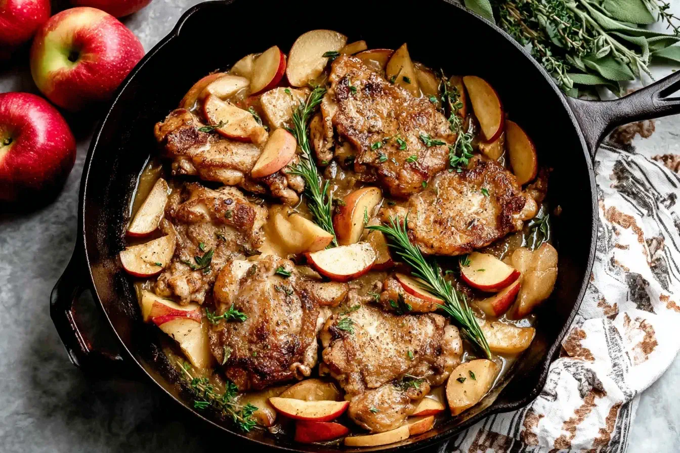 Skillet of Apple Cider Chicken with caramelized apples, herbs, and tender chicken thighs in a rich cider sauce.