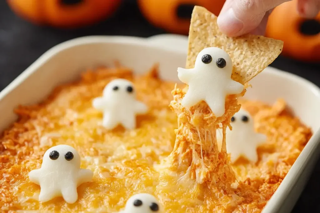 Cheesy Halloween Buffalo Chicken Dip topped with ghost-shaped cheese, scooped with a tortilla chip.
