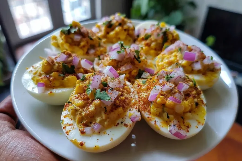Elote Deviled Eggs topped with red onion, cilantro, and chili powder served on a white plate for a bold Mexican-inspired appetizer.