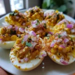 Elote Deviled Eggs topped with red onion, cilantro, and chili powder served on a white plate for a bold Mexican-inspired appetizer.