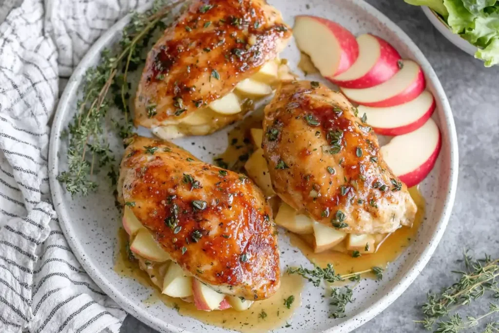 Maple Glazed Apple and Brie Stuffed Chicken with apple slices, melted brie, and thyme glaze on a plate