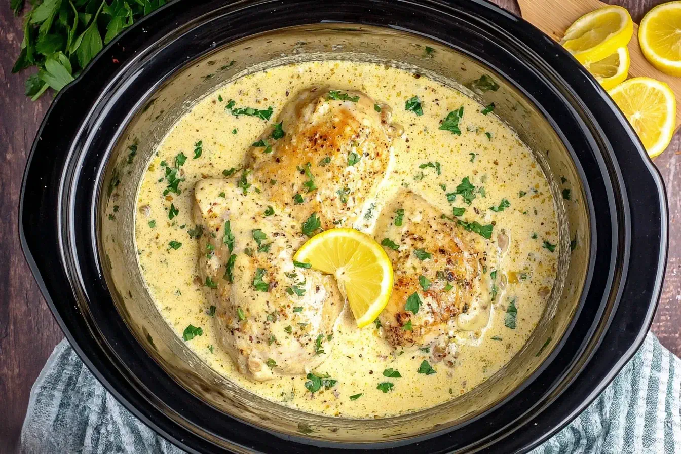 Creamy Crock Pot Angel Chicken topped with fresh parsley and lemon slices in a slow cooker.