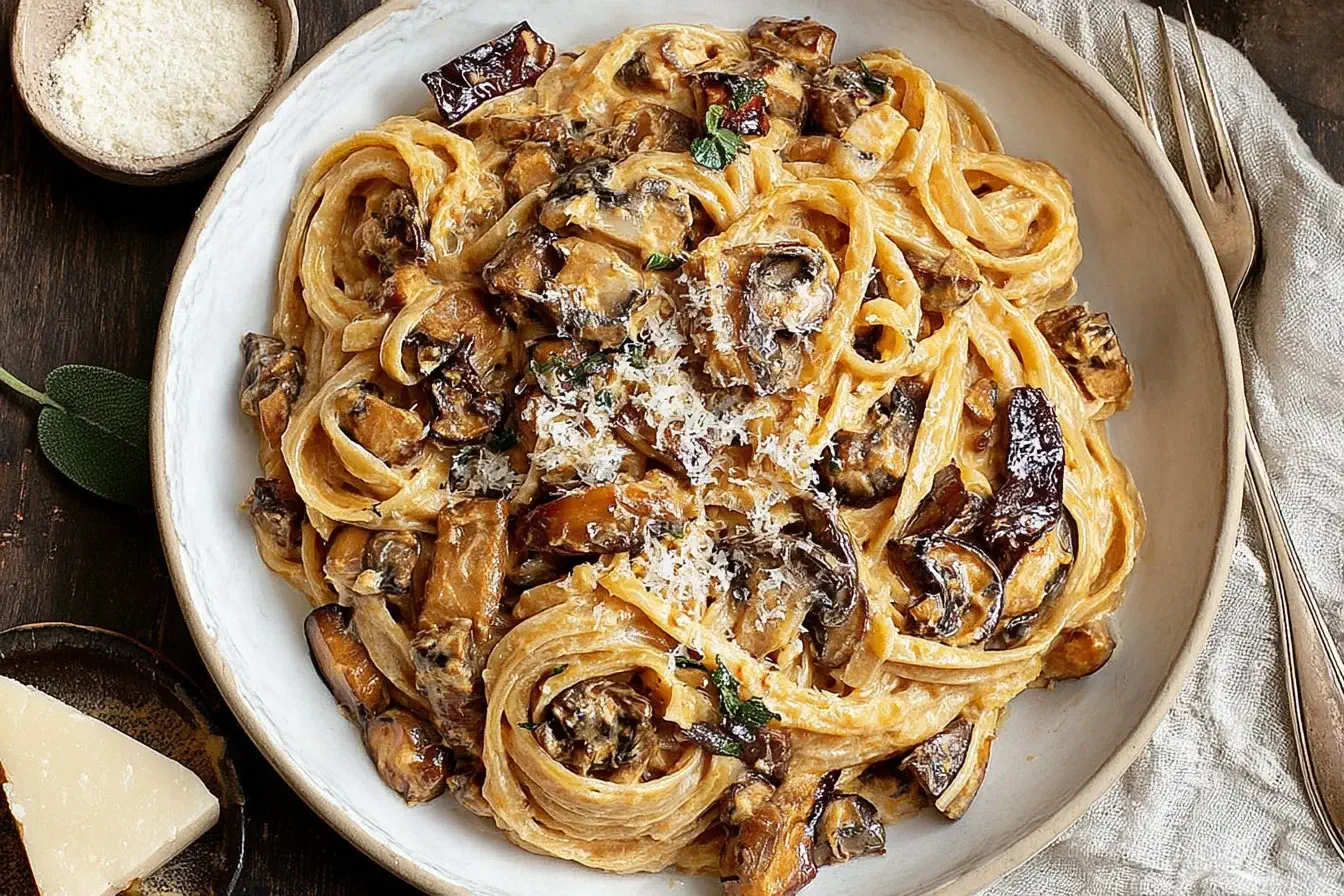 Creamy Caramelized Leek and Mushroom Gruyere Pasta served in a white bowl, topped with grated cheese and golden mushrooms.