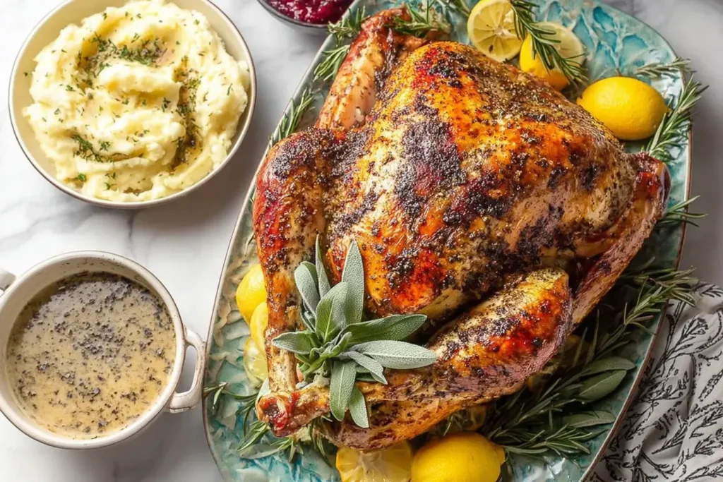 Perfectly roasted turkey with herb butter, lemon, and fresh rosemary on a platter – the ultimate roast turkey for holiday meals.