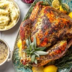 Perfectly roasted turkey with herb butter, lemon, and fresh rosemary on a platter – the ultimate roast turkey for holiday meals.