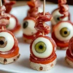 Salami Mozzarella Eyeballs appetizer with mozzarella balls, olives, and salami on skewers for a spooky Halloween party snack.