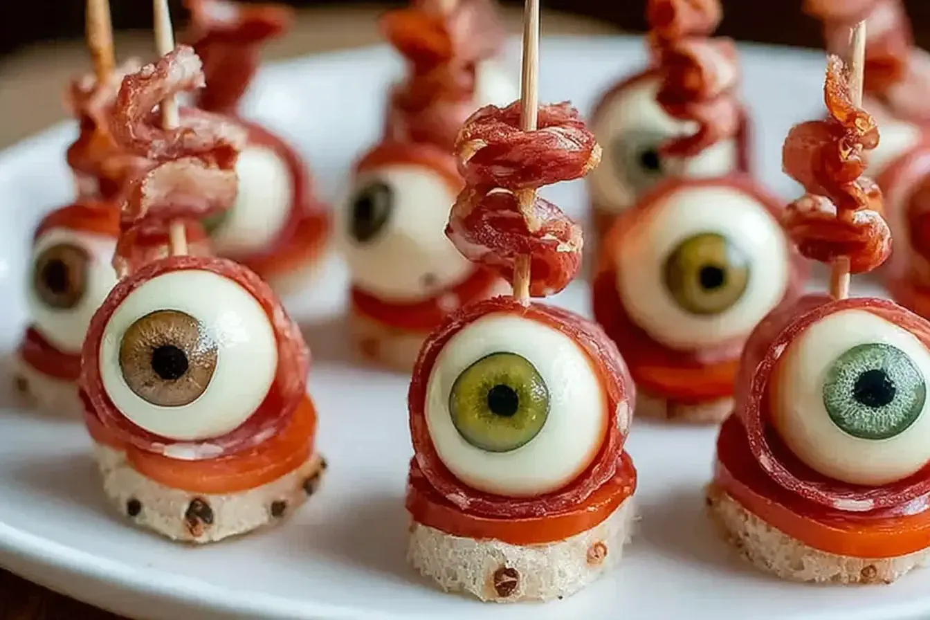 Salami Mozzarella Eyeballs appetizer with mozzarella balls, olives, and salami on skewers for a spooky Halloween party snack.