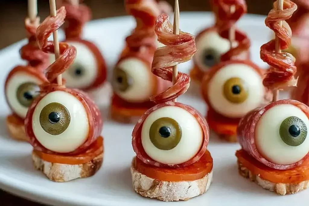 Salami Mozzarella Eyeballs Halloween appetizer made with mozzarella, olives, salami, and bread slices on skewers for a spooky party snack.
