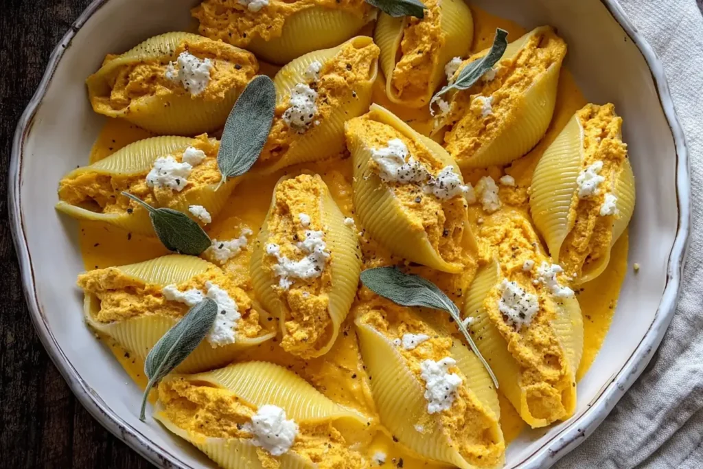 Creamy Pumpkin Ricotta Stuffed Shells arranged in a white baking dish, filled with pumpkin ricotta filling, topped with sage leaves and crumbled cheese.