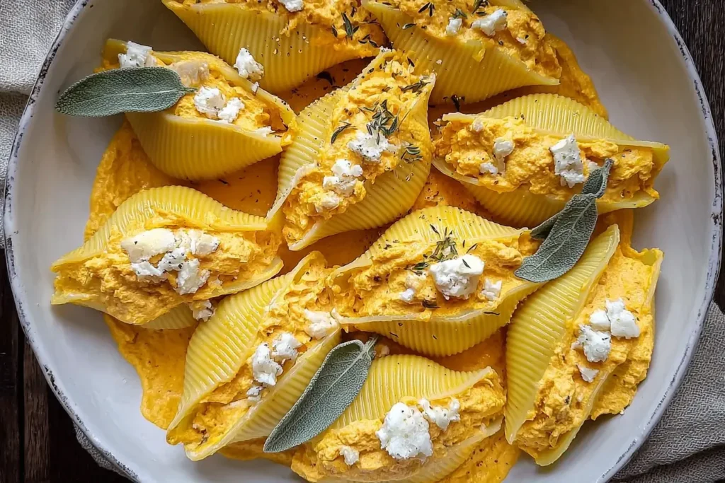 Creamy Pumpkin Ricotta Stuffed Shells filled with pumpkin ricotta mixture, topped with sage leaves and cheese in a white baking dish.