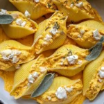 Creamy Pumpkin Ricotta Stuffed Shells filled with pumpkin ricotta mixture, topped with sage leaves and cheese in a white baking dish.