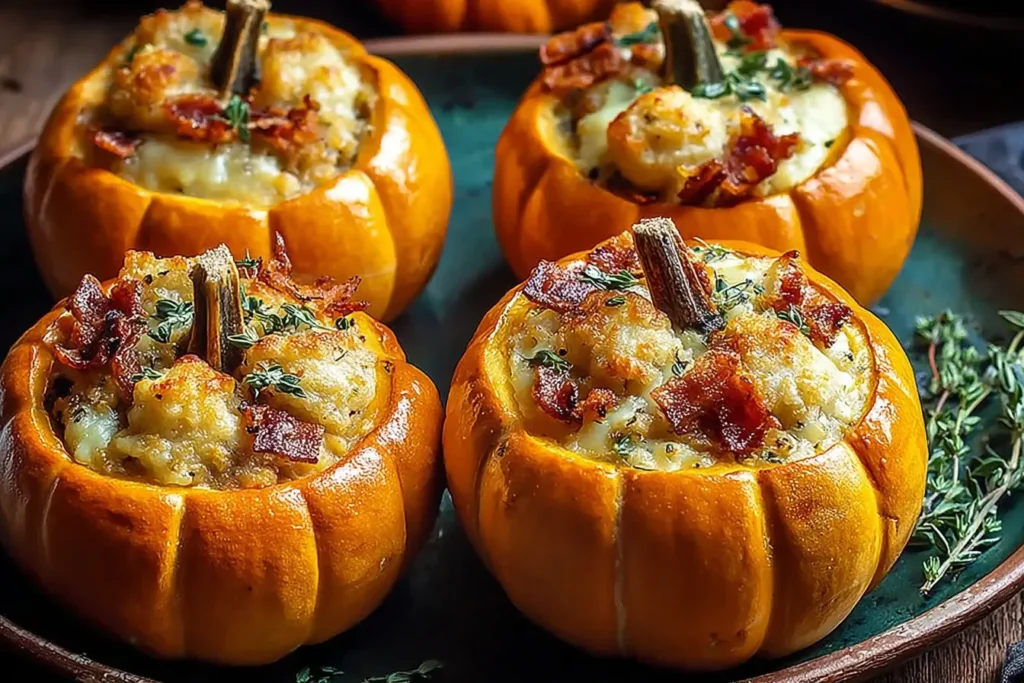 Savory Stuffed Pumpkins baked to perfection, filled with cheesy sausage stuffing and topped with crispy bacon and herbs for a comforting fall meal.
