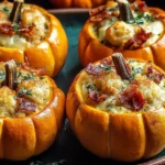 Savory Stuffed Pumpkins baked to perfection, filled with cheesy sausage stuffing and topped with crispy bacon and herbs for a comforting fall meal.