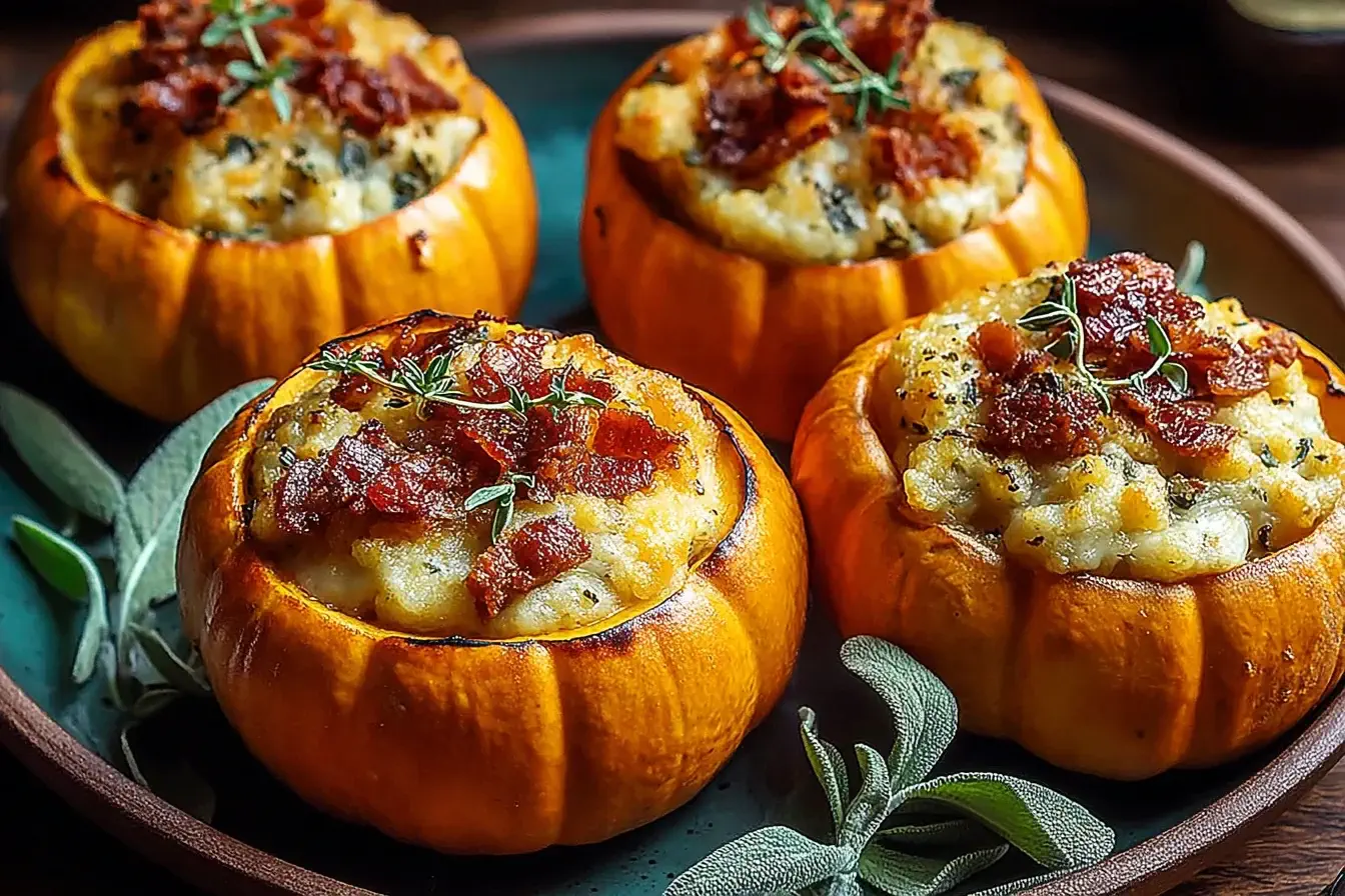 Savory Stuffed Pumpkins filled with creamy sausage and quinoa stuffing, topped with crispy bacon and fresh herbs for a cozy fall dinner.
